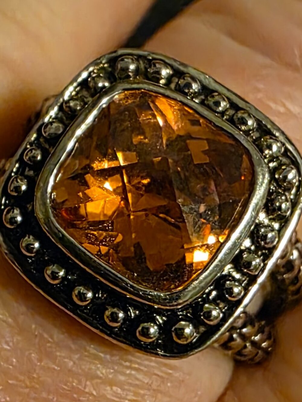 Silver Tone Peach Amber Glass Cushion Cut Statement Ring Size 9